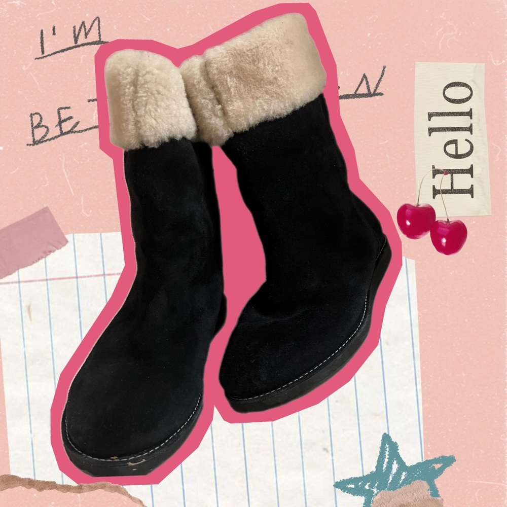 COLE HANN | Fuzzy Shearling Mid-Calf Black Boots